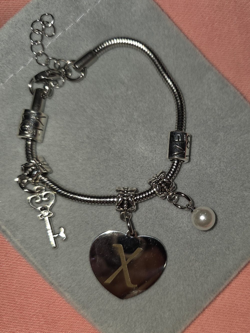 Silver Heart Charm Bracelet with Pearl Accent - X Initial